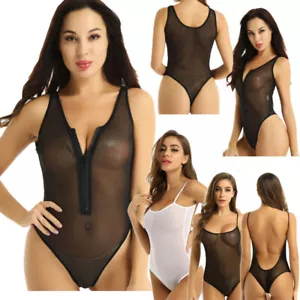 Women's Mesh Bodysuit Sheer See Through Zipper High Cut Thong Leotard AU - Picture 1 of 28