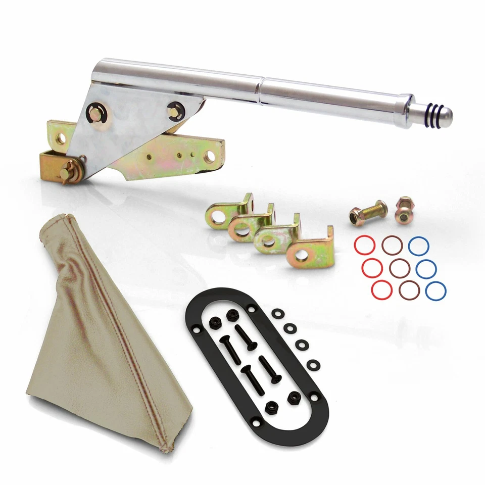 Chromed Emergency Parking Brake w Tan Boot Black Trim Ring for GM or Ford Disc - Image 1 of 4