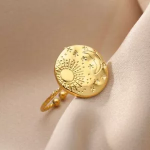 14k Yellow Gold Plated Antique Sun Moon Star Jewelry Adjustable Solid Men Ring - Picture 1 of 13