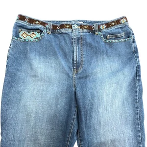 Jeans Chico's taglia 3 blu denim perline bordate Southwestern platino - Foto 1 di 12