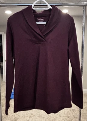 NWT LL Bean Shirt deep Plum Purple Sz M Knit Pullover Long Sleeve Shawl Collar - Image 1 of 4