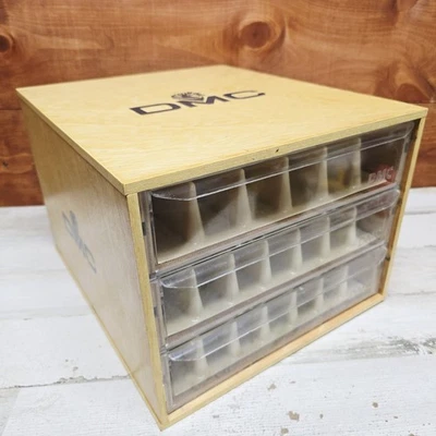 Vintage DMC Embroidery Floss Wood Storage 3 Drawer Box With Dividers A3 - Image 1 of 4