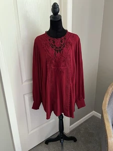 Torrid Burgundy Top 3X Crinkle Gauze Crochet Yoke Blouson Long Sleeve NWT - Picture 1 of 8