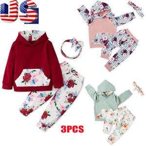 3PCS Toddler Baby Girls Clothes Romper Tops Pants Hooded Outfits Set Tracksuit 