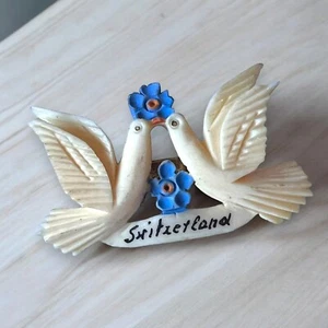 Switzerland Bird Brooch Souvenir Pin Carved Celluloid Blue Flowers 1930s Vintage - Picture 1 of 9