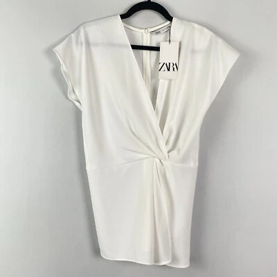Túnica Zara Twist Frontal Talla Mediana Blanca Manga Gorra Cuello en V Foto 1 de 4
