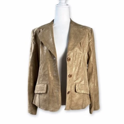 Chaqueta Blazer BERNARDO DE COLECCIÓN | Cuero Tostado Dorado Brillo Años 90 Talla L Foto 1 de 4