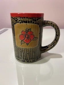 Vintage Unknown Artisan Brown Drip Glaze Large Handle Red Poppy Coffee Tea Mug - Picture 1 of 8