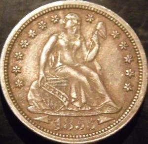 Moneda de diez centavos sentada 1855-P elección original AU - Imagen 1 de 2