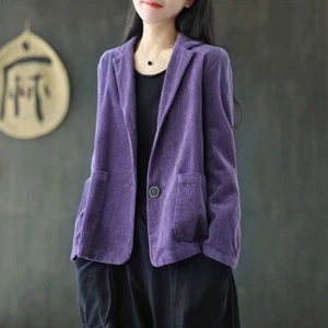 Lady Corduroy Suit Jacket Coat Loose Blazer Lapel Button Blouse Top Casual Baggy - Picture 1 of 15