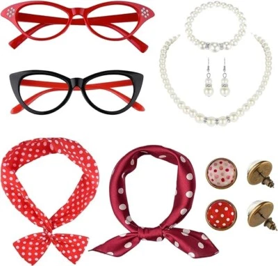 DEWAN STORE 12 teiliges 50er Jahre Kostüm Zubehör Set Katzenbrille Kostüm für Damen