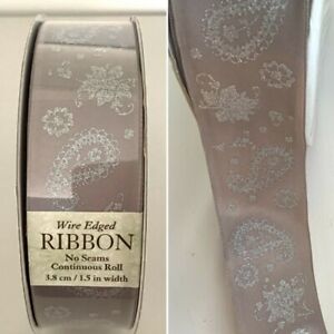 NEW Kirkland Taupe & Glittery Silver Paisley Wired Ribbon 45.7mx3.8cm 50ydx1.5"