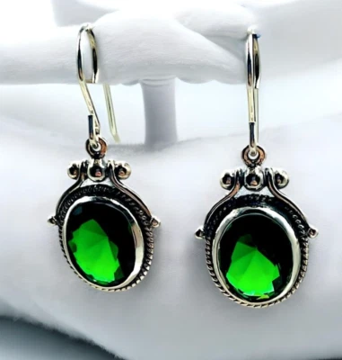 VINTAGE STYLE 925 SOLID STERLING SILVER SIMULATED EMERALD FILIGREE EARRINGS 1819 - Image 1 of 3