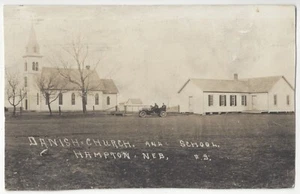 1911 Hampton, Nebraska REAL PHOTO Danish American Church & School, Old Postcard - Picture 1 of 2