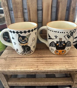 Halloween Eli and Ana Black Cat and Bat In Pumpkin Fall Decor Mug Set x 2 - Picture 1 of 6