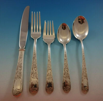 Antiguo juego de cubiertos de plata esterlina grabado por Kirk Maryland 8 servicio 44 piezas Foto 1 de 4