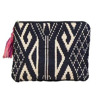 Hand-Made In India Makeup Blue/ Beige Zip Bag - Picture 1 of 2