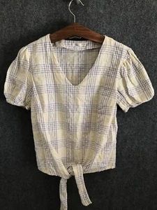 T. Rose Womens Blouse Size M Stripped Plaid Multicolor Short Sleeve Tie Waist - Picture 1 of 10