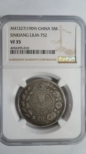 China Sinkiang 5 Mace Silver, AH 1327 / 1909, NGC VF 35 - Picture 1 of 4