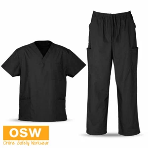 Unisex Black Soft Classic Scrubs Shirt Top Pants Bottom Set - Hospital/Nurse/Vet - Picture 1 of 5