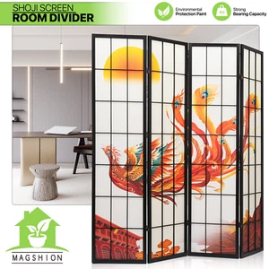 4 Panels Foldable Non-Woven Fabric Room Divider Phoenix Pattern Privacy Screen - Picture 1 of 10