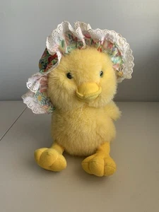 Easter Chick Plush Soft Toy Cute Yellow With Floral Bonnet  - Picture 1 of 8
