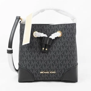 Michael Kors Mercer Small Logo Drawstring Bucket Bag In Black Coated Canvas - Picture 1 of 9