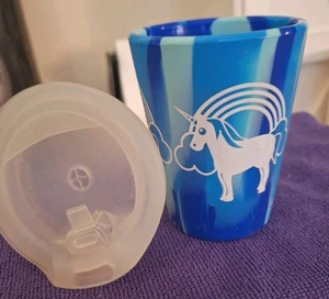 Silicone Eco-friendly Unicorn Cup Straw Opening Sippy Cup Lid Marbled Blue 8 oz - Picture 1 of 11