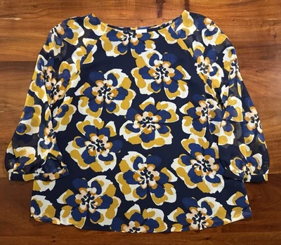 Blusa Cabi Lydia Mujer Estilo 3426 Azul Amarillo Floral Informal Gasa Top Talla M Foto 1 de 4