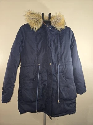 Grace Karin Women’s Navy Blue Winter Drawstring Hooded Coat Faux Fur Small - Image 1 of 4