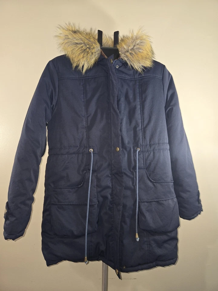 Grace Karin Women’s Navy Blue Winter Drawstring Hooded Coat Faux Fur Small - Image 1 of 4