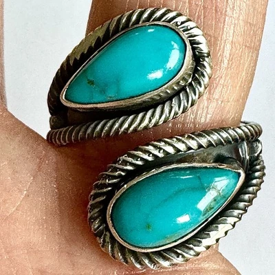 Navajo Türkis Wickelring Gr. 7 verstellbar Bypass Sterling signiert N - Bild 1 von 4