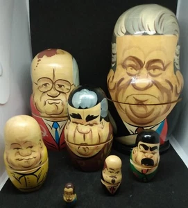 Vintage Set of 7 Russian Nesting Dolls Political Leaders Wood USSR Soviet - Picture 1 of 12