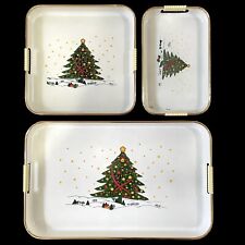 Vintage 1960s Christmas Themed 3 Piece Lacquer Ware Tray Set White w/ Gold Trim