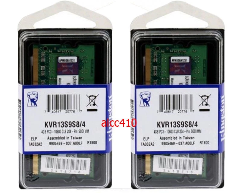 Kingston DDR3 1333MHz  8GB (2x 4GB) KVR13S9S8/4  PC3-10600 SO-DIMM Laptop Memory - Image 1 of 1