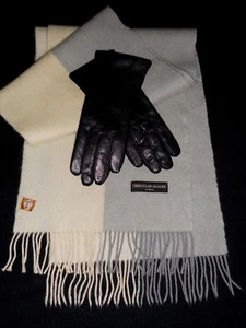Vtg Wool Muffler 2 Tone Gray NOS Christian & L Black Leather Gloves NWOT USA - Picture 1 of 7