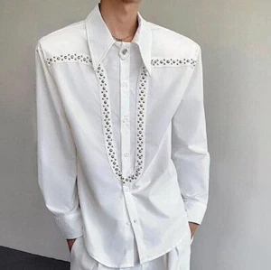 Para hombres Jóvenes Manga Larga Suelta Solapa Elegante Remache Moda Hombreras Prendas para el torso Camisa - Imagen 1 de 5