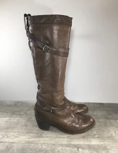 Womens Frye 76396 Jane Strappy Brown Leather Knee High Heel Riding Boots Sz 6.5 - Picture 1 of 12