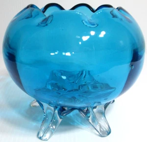 Vintage Hand-Blown Glass Rose Bowl Vase Blue Optic Ribbed Footed 5" T 6" D - Picture 1 of 7