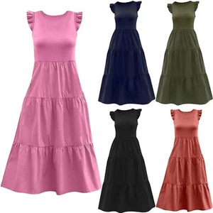 Women Summer Dress Casual Sleeveless Crewneck Maxi Dresses Tiered Flowy Pleated - Picture 1 of 27