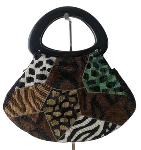 Vintage 80s 90s Hand Beaded Handbag Purse Tote Animal Print Silk Lining - Picture 1 of 12