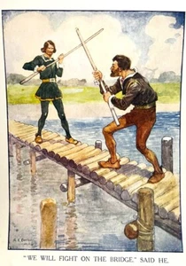 1905 Kampf auf der Brücke original illustriertes Exlibris A S Forrest Robin Hood - Bild 1 von 4