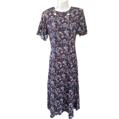 Vestido midi vintage años 90 Kathie Lee púrpura floral cachemira cottagecore pradera Foto 1 de 4