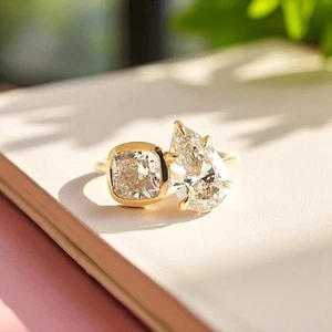 2 Ct Cushion Pear Lab Created Diamond Toi Et Moi Ring 14K Yellow Gold Plated - Picture 1 of 4