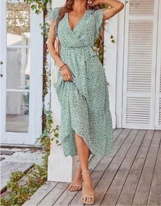 Women's XXL Dress Summer Floral Boho Belt Green NWT - Picture 1 of 9