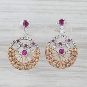 1.09ctw Diamond Ruby Circle Drop Earrings 18k Rose White Gold - Picture 1 of 6