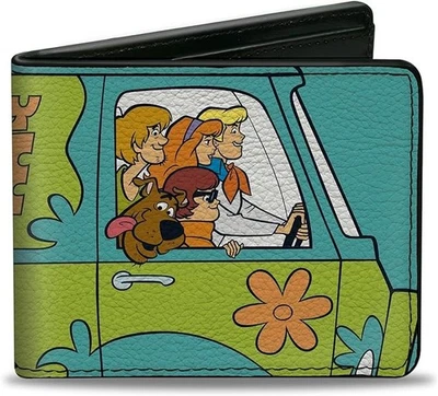Vegan Bi-Fold Wallet - Scooby Doo Group Driving Mystery Machine Side Pose Bluec - Image 1 of 4