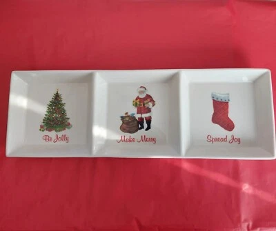 MARTHA STEWART 3 Section Ceramic Serving Dish Decor Christmas Santa Tree Jolly  Foto 1 de 4