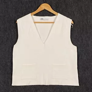 Zara Womens Large Pullover Sweater Vest White Knit V-Neck Sleeveless Pockets - Picture 1 of 10