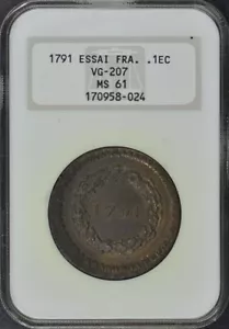 1791 FRANCE ESSAI VG-207 1/10E NGC MS61 Top Pop - Picture 1 of 4